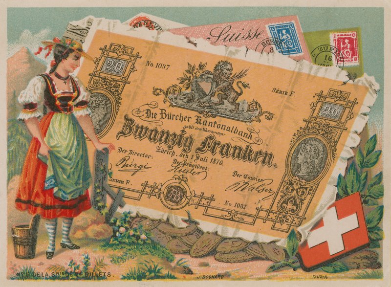 Schweizisk flicka i traditionell dräkt och 20 Francs sedel av French School