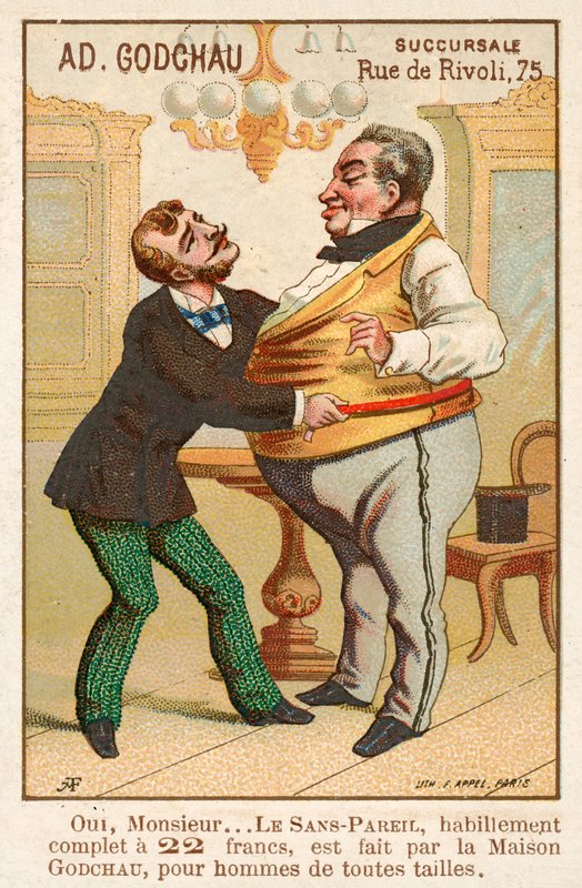 Skräddarsy mäter en fet kund (chromolitho) av French School