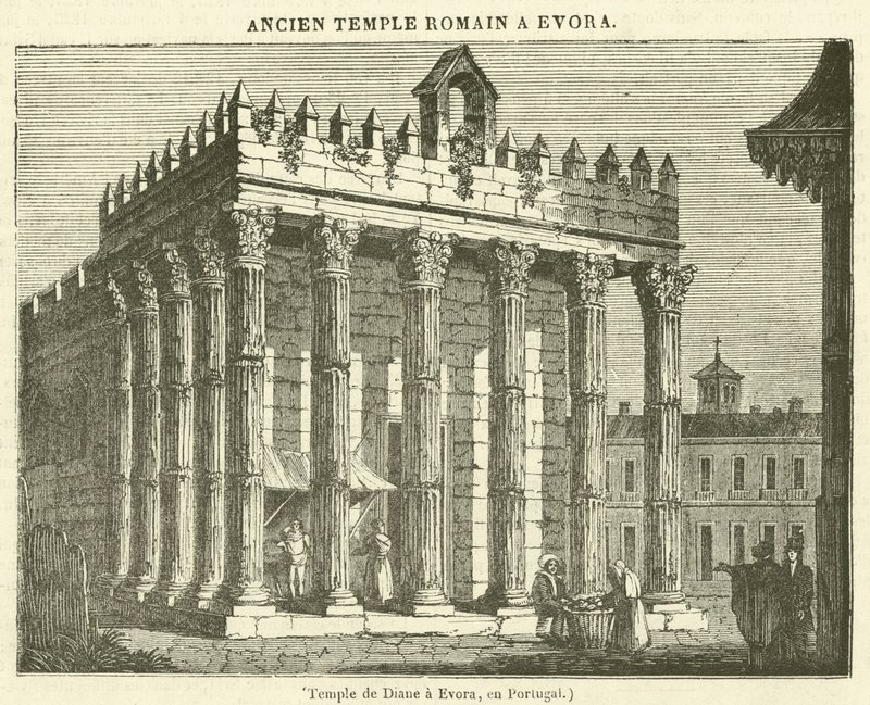 Dianes tempel i Evora, i Portugal (gravyr) av French School