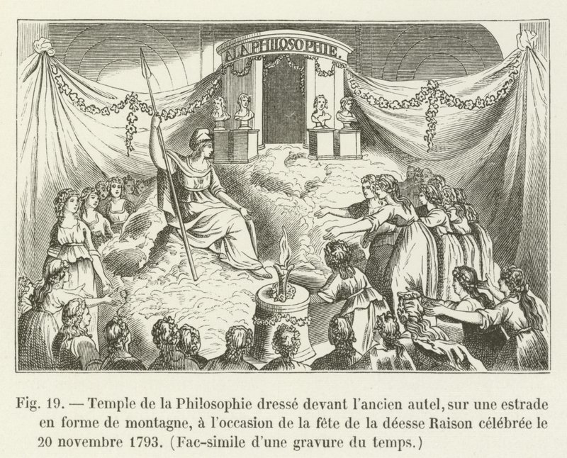 Filosofintemplet står framför det gamla altaret, på en plattform i form av ett berg, med anledning av förnuftets gudinnas högtid som firades den 20 november 1793, Faksimil av en gravyr från tiden (t. av French School