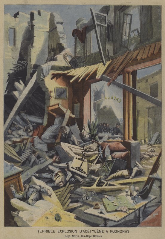 Fruktansvärd acetylengasexplosion i ett kafé i Rognonas, Frankrike (färg litho) av French School