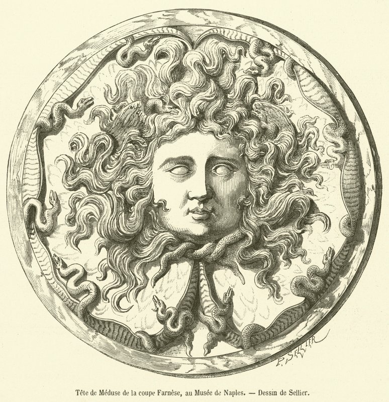 Head of Medusa från Farnese Cup, på Museet i Neapel (gravyr) av French School
