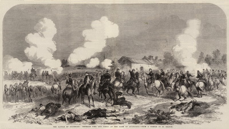 Slaget vid Solferino, generalerna Niel och Vinoy på gården Quagliara (gravyr) av French School