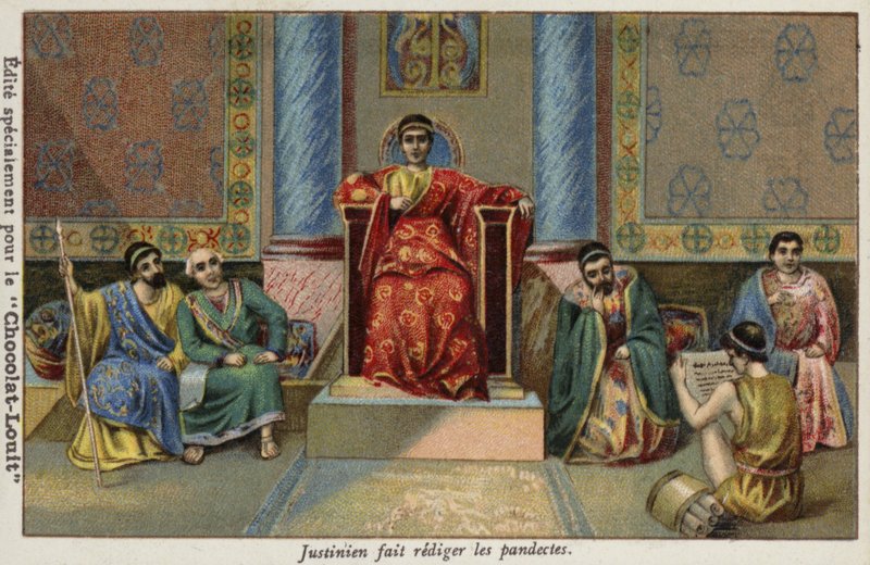 Den bysantinske kejsaren Justinian I dikterar Pandects, 600-talet av French School
