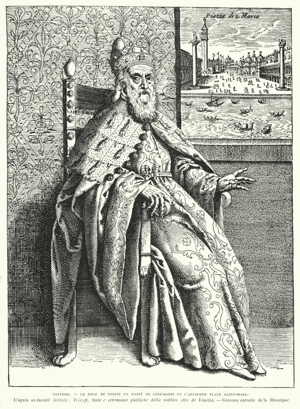 Dogen av Venedig i sina ceremoniella dräkter och det gamla Markusplatsen (gravyr) av French School