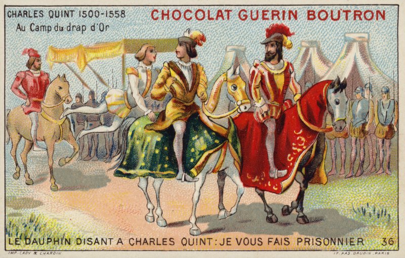 Kejsaren Karl V vid gulddukens fält (chromolitho) av French School