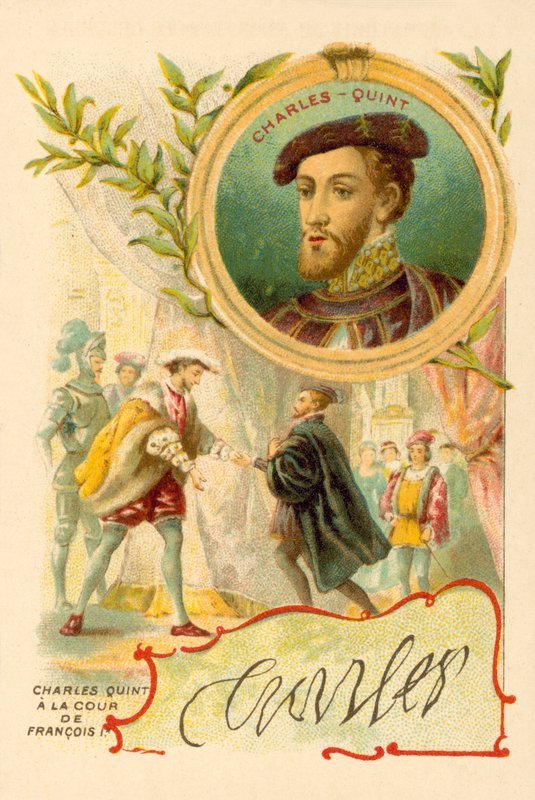 Kejsaren Karl V vid hovet till Frans I av Frankrike (chromolitho) av French School