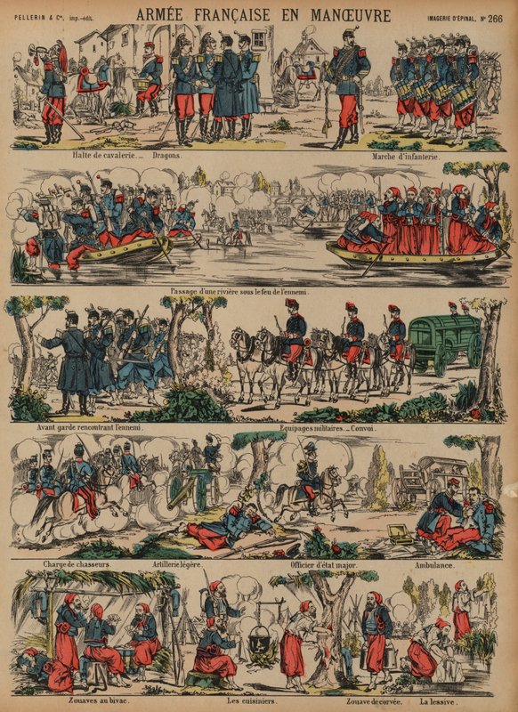 Franska armén på manövrar (färgad gravyr) av French School