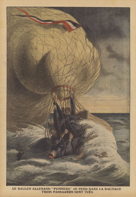 Den tyska ballongen Pommern kraschar i Östersjön (färg litho) av French School