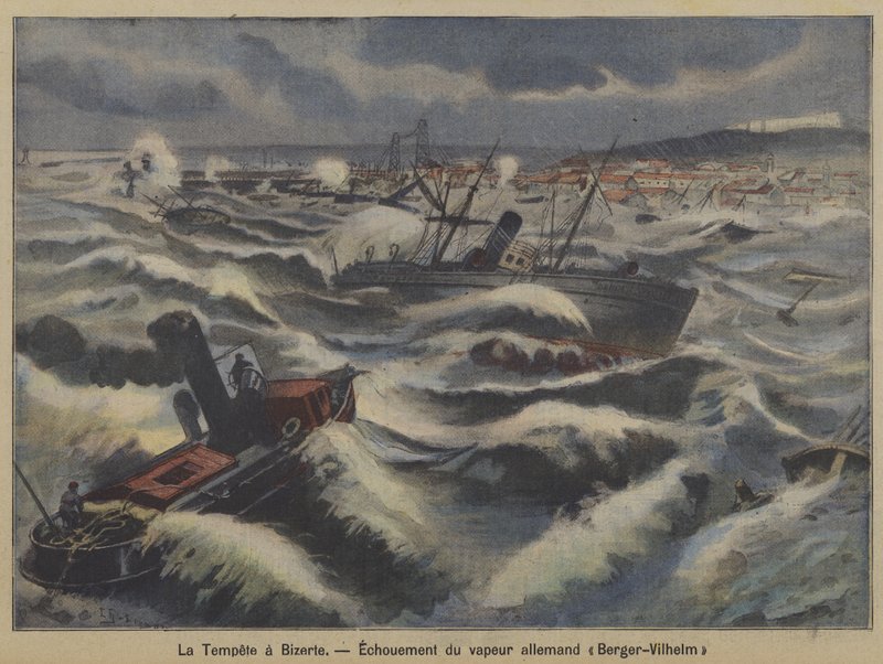 Den tyska ångbåten Berger-Wilhelm går på grund i en storm utanför Bizerte, Tunisien (färg litho) av French School