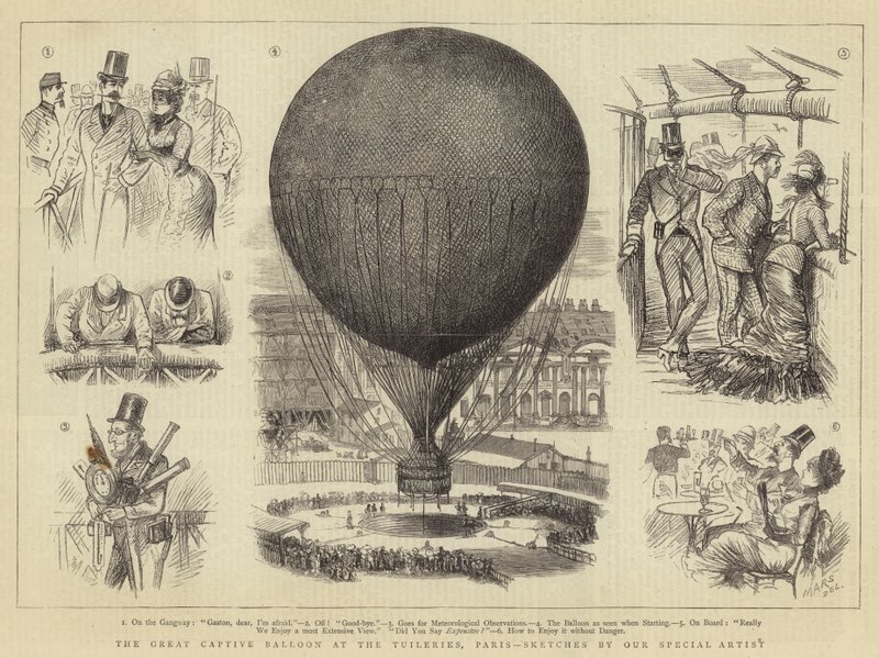 The Great Captive Balloon at the Tuileries, Paris (gravyr) av French School