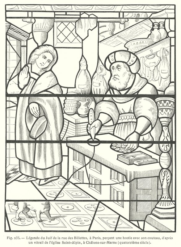 Juden i Rue des Billettes, Paris, som vanhelgade värden genom att sticka hål i den med sin kniv, efter ett fönster i målat glas från 1300-talet i kyrkan Saint-Alpin, Chalons-sur-Marne, Frankrike (gravyr) av French School