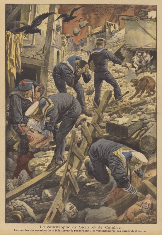 Jordbävningen i Messina 1908, Sicilien (färg litho) av French School