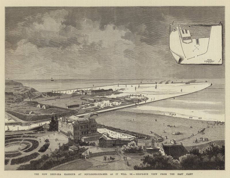 Den nya djuphavshamnen i Boulogne-sur-Mer som den kommer att bli, fågelperspektiv från East Cliff (gravyr) av French School