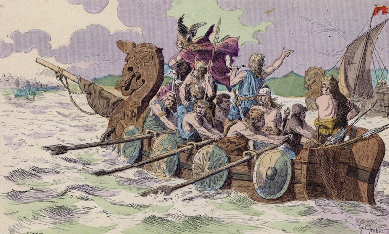 Normanderna anländer till Paris, 885 (färglitografi) av French School