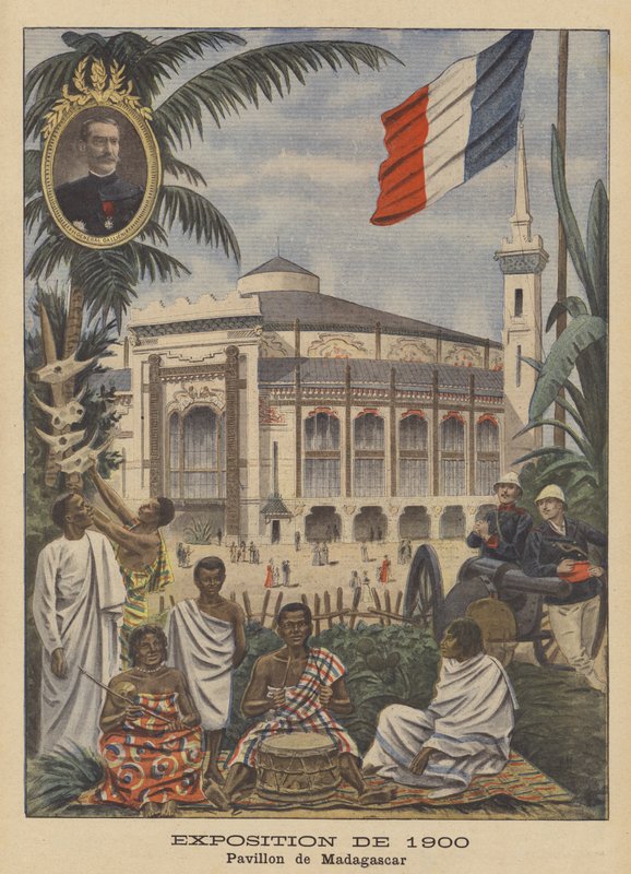 Madagaskars paviljong vid Exposition Universelle 1900 i Paris (färg litho) av French School