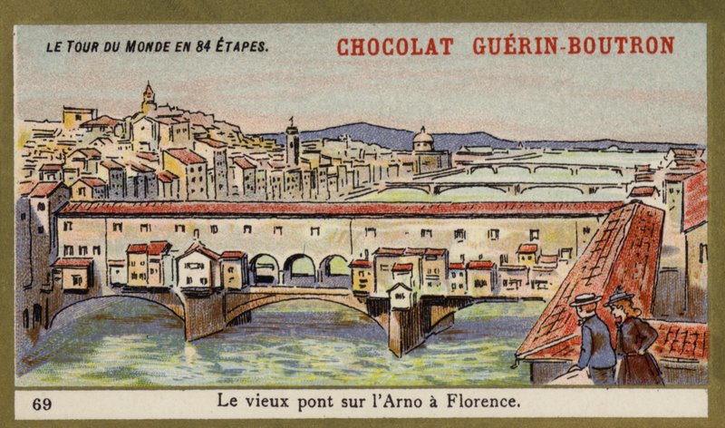 Ponte Vecchio över Arno, Florens (chromolitho) av French School