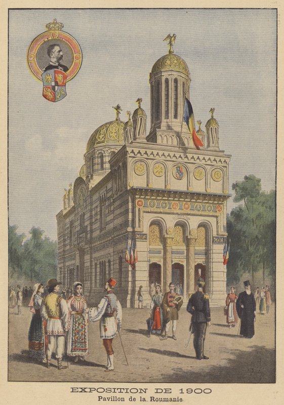 Den rumänska paviljongen vid Exposition Universelle 1900 i Paris (färg litho) av French School