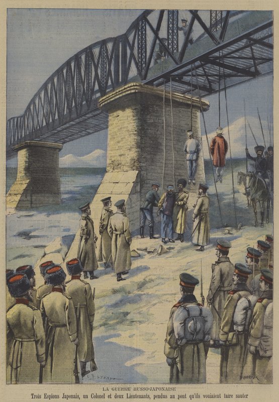 Det rysk-japanska kriget: Ryska trupper hänger tre japanska sabotörer från bron de planerade att spränga (färg litho) av French School