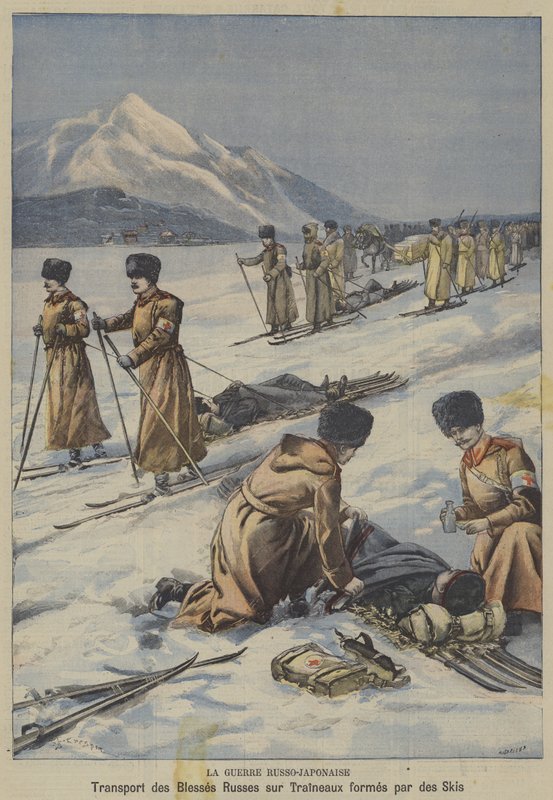 Det rysk-japanska kriget: transport av skadade ryska soldater på slädar gjorda av skidor (färg litho) av French School