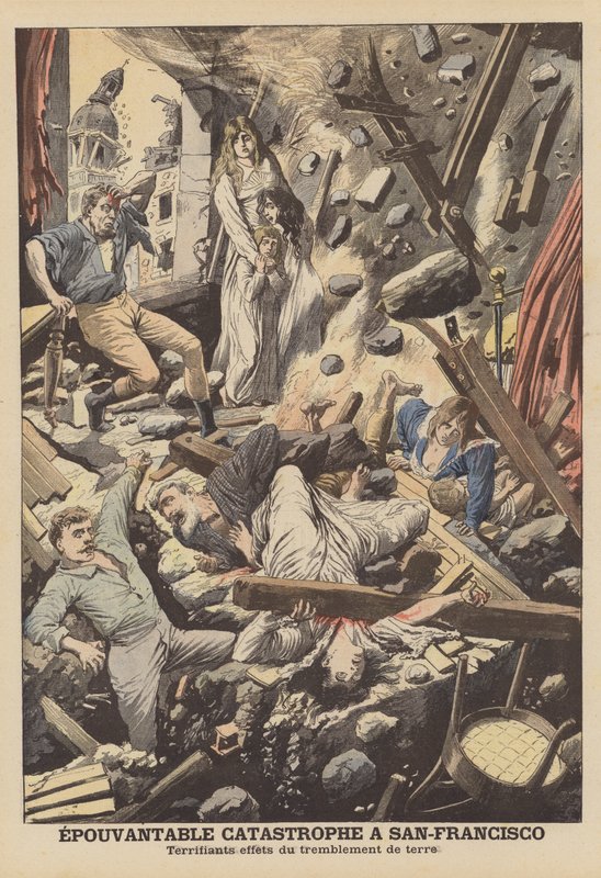 Jordbävningen i San Francisco 1906 (färg litho) av French School