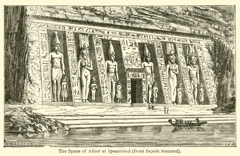 The Speos of Athor i Ipsamboul, främre fasaden restaurerad (gravyr) av French School