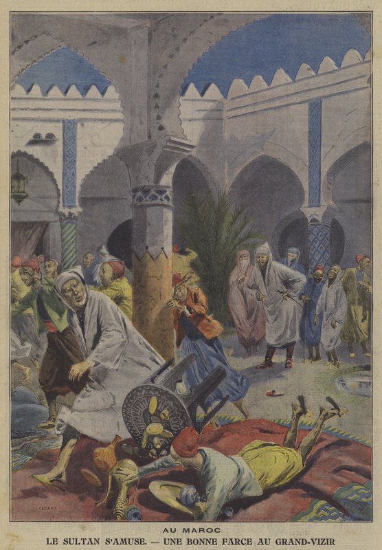 Sultanen av Marocko roar genom att skämta på sin storvesir (litho i färg) av French School