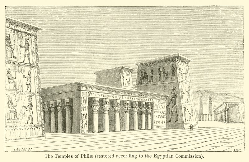 The Temples of Philae, restaurerade enligt den egyptiska kommissionen (gravyr) av French School
