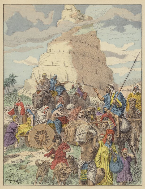 The Tower of Babel (färg litho) av French School