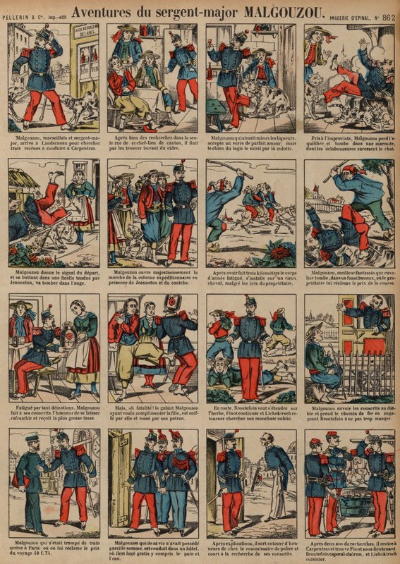 Sergeant-major Malgouzous äventyr (färgad gravyr) av French School