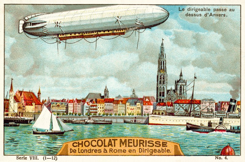 Luftskeppet som passerar över Antwerpen (chromolitho) av French School