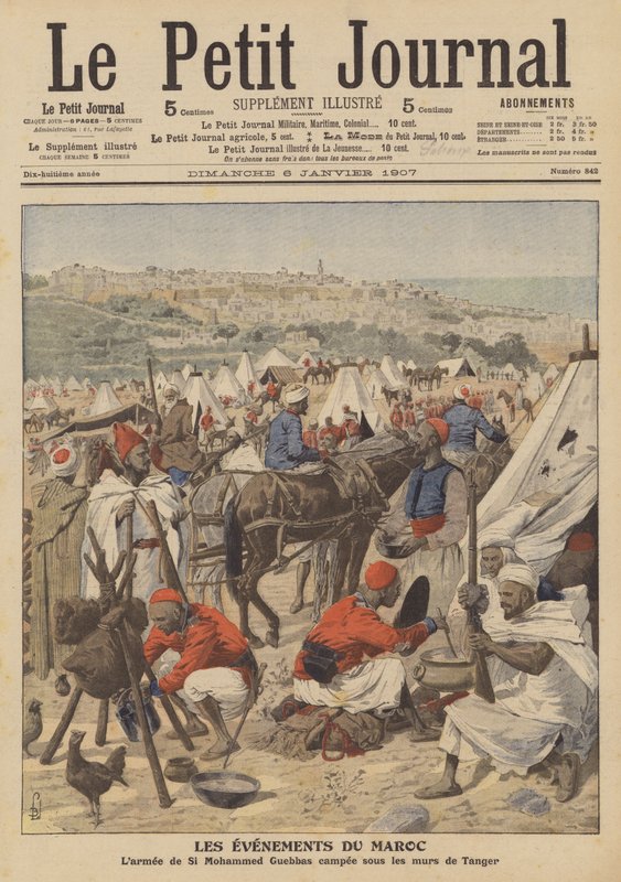 Mohammed Guebbas armé slog läger under murarna i Tanger, Marocko (färg litho) av French School