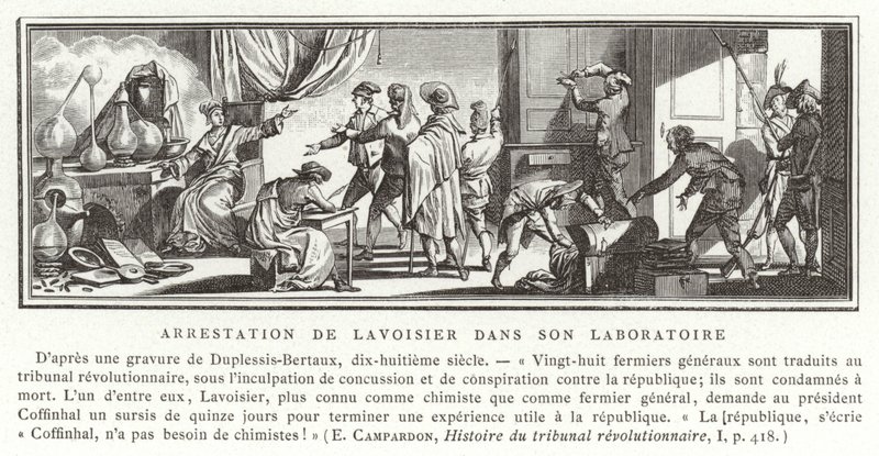 Gripandet av Antoine Lavoisier i hans laboratorium, 1794 av French School