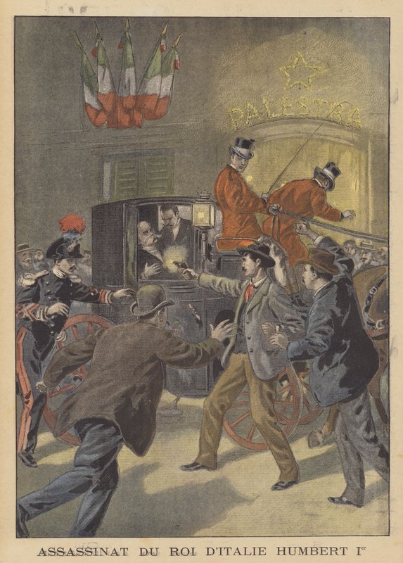 Mordet på kung Umberto I av Italien (färg litho) av French School