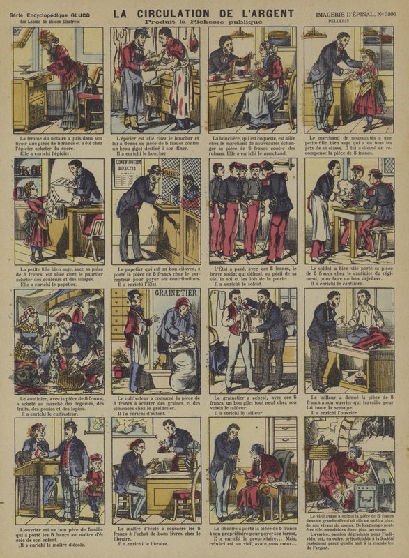 Cirkulationen av pengar (färg litho) av French School