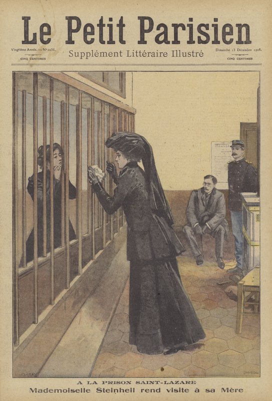 Marguerite Steinheils dotter besöker sin mamma i Saint-Lazare-fängelset, Paris (färg litho) av French School