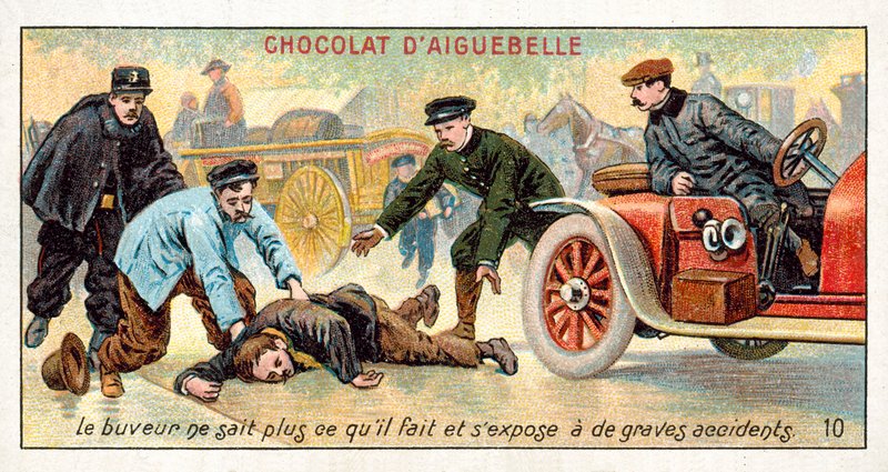 Fylleristen vet inte vad han gör och utsätter sig för risken för allvarliga olyckor (chromolitho) av French School