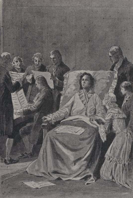 Den döende Wolfgang Amadeus Mozart lyssnar på sina vänner framför sin kantat In Praise of Friendship (gravyr) av French School
