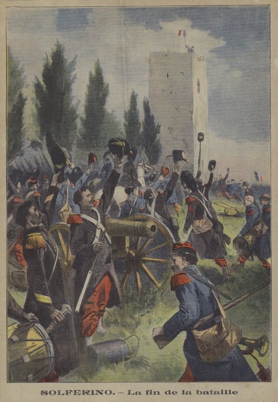 Slutet på slaget vid Solferino, Italien (färg litho) av French School