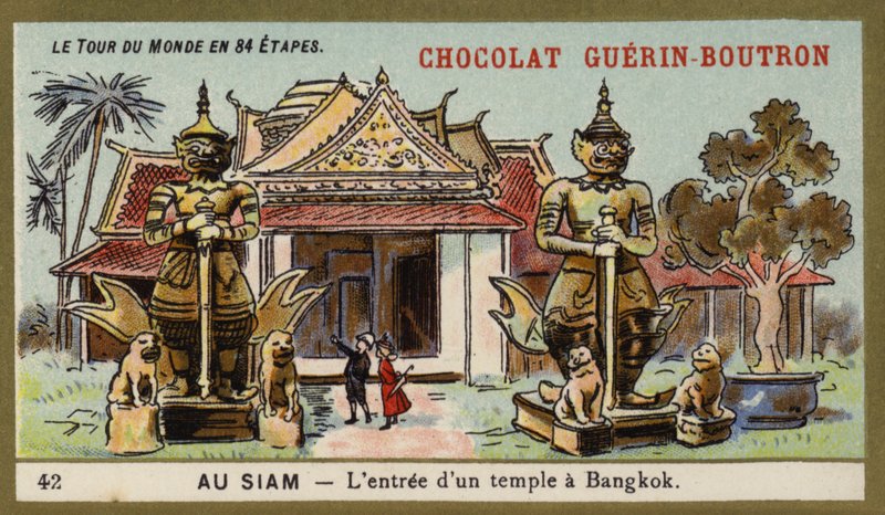 Ingången till ett tempel i Bangkok, Siam (chromolitho) av French School