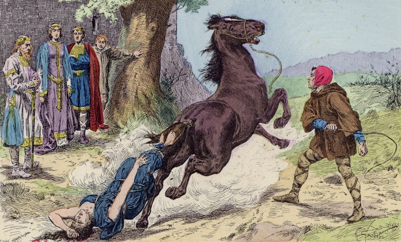 Chlothar II:s avrättning av Brunhilda av Austrasien, 613 (färglitografi) av French School