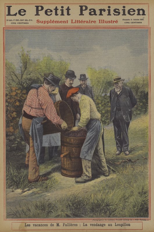Frankrikes president Fallieres helgdagar: druvskörden i hans hem i byn Loupillon (färg litho) av French School