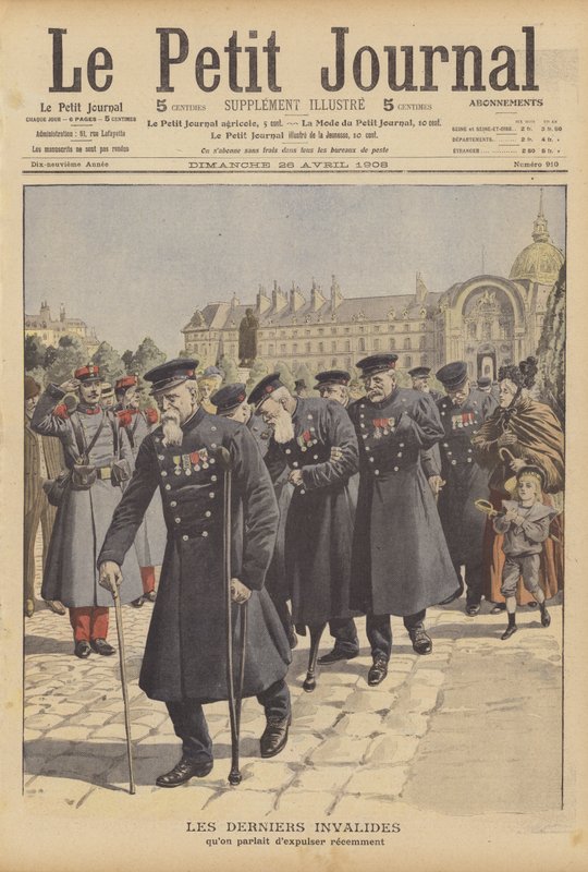 De sista krigsveteranerna från Hotel des Invalides, Paris (färglitografi) av French School