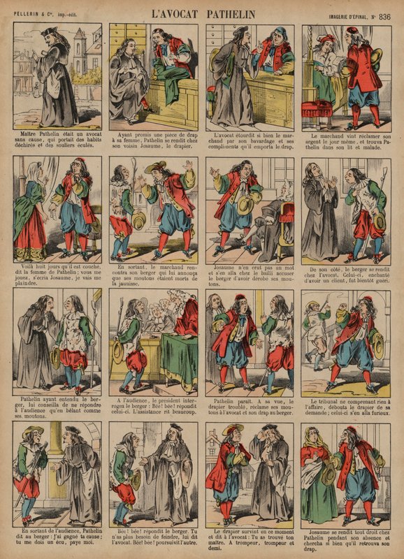 Advokaten Pathelin (färgad gravyr) av French School