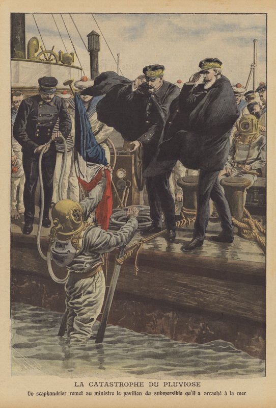 Förlusten av den franska marinens ubåt Pluviose (färg litho) av French School
