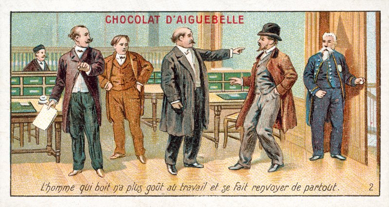 Mannen som dricker har inte längre smak för arbete och blir uppsagd (chromolitho) av French School
