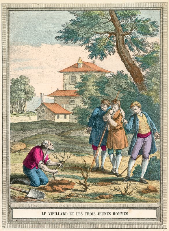 Den gamle mand og de tre unge mand av French School