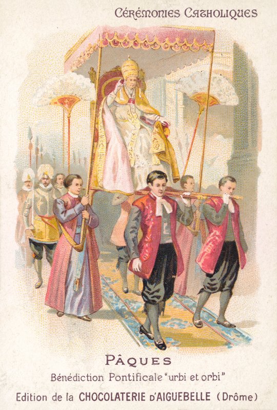 Påven bärs för att göra sin traditionella påskvälsignelse (chromolitho) av French School