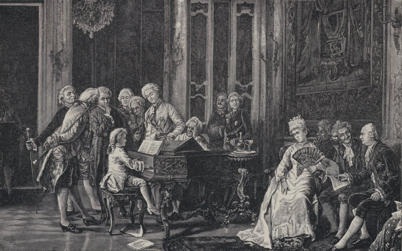 Den sjuårige Wolfgang Amadeus Mozart spelar inför kung George III i London, 1764 av French School