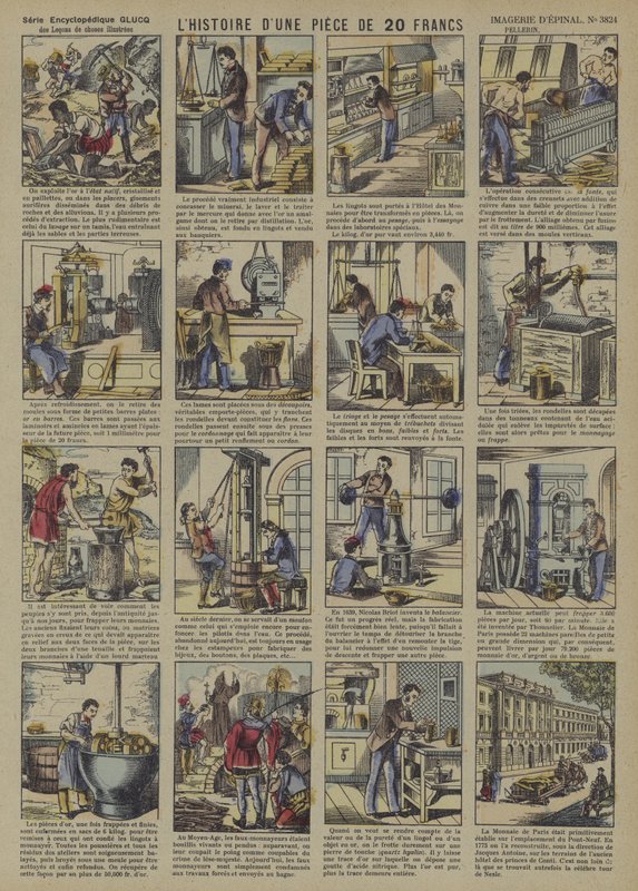 Historien om ett mynt på 20 franc (litho i färg) av French School